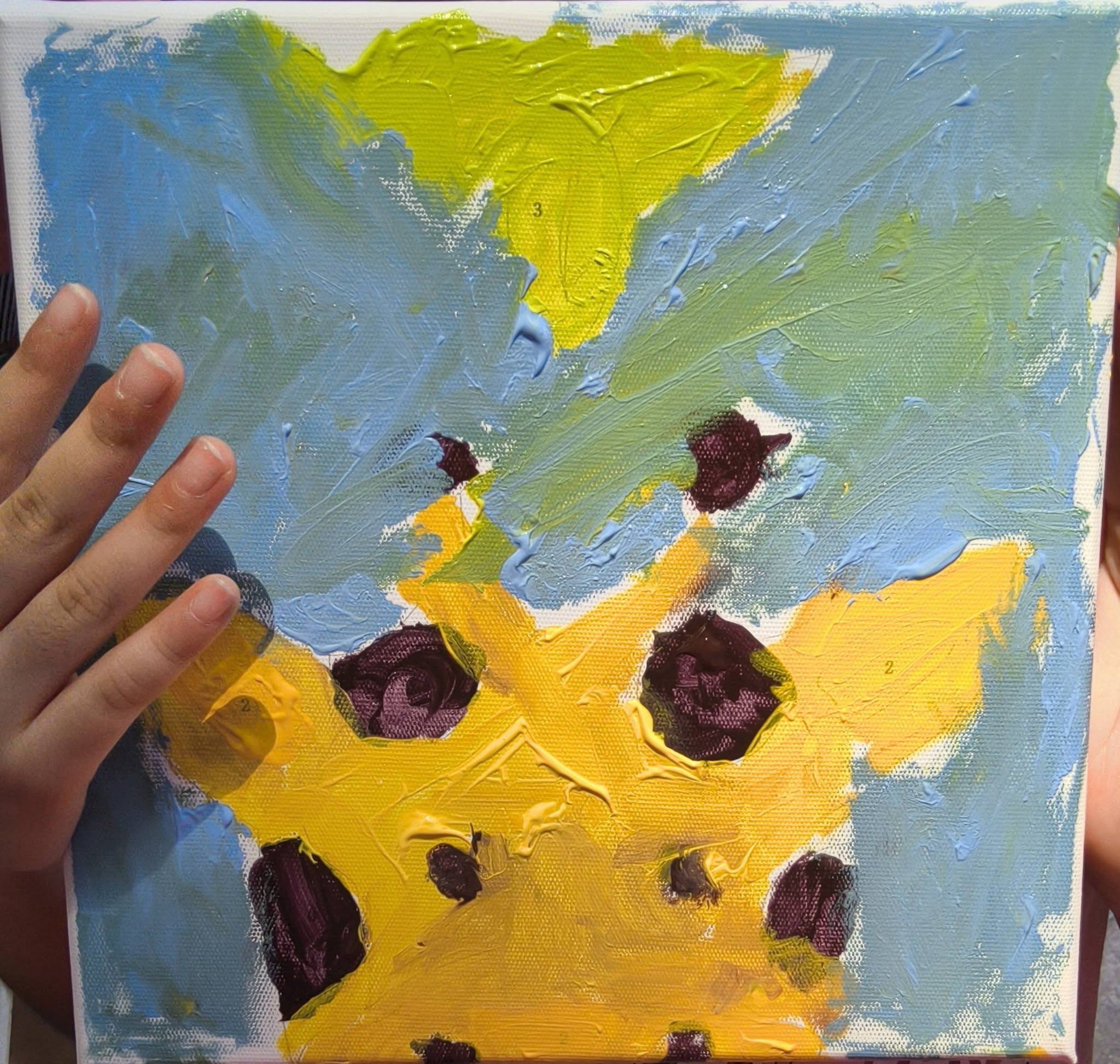 Abstract impasto painting in blues, greens and yellows from Play and Unite at Canberra Plaza