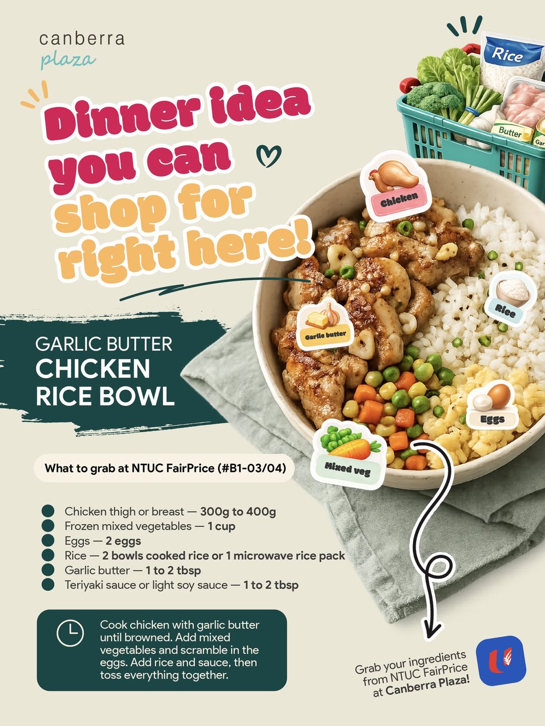 10-Minute Garlic Butter Chicken Rice Bowl with NTUC FairPrice Ingredients
