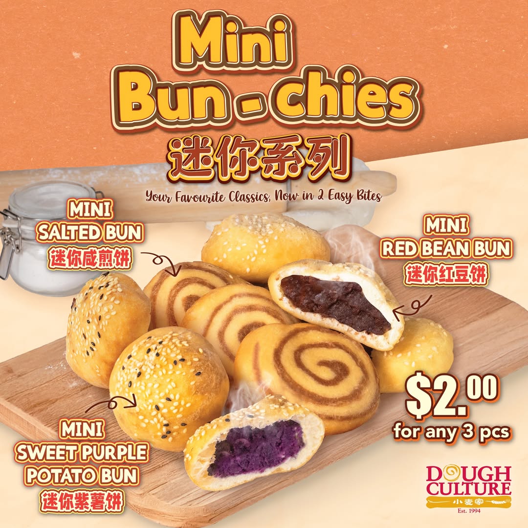 Assortment of mini buns from Dough Culture, including salted, red bean, and purple sweet potato flavors