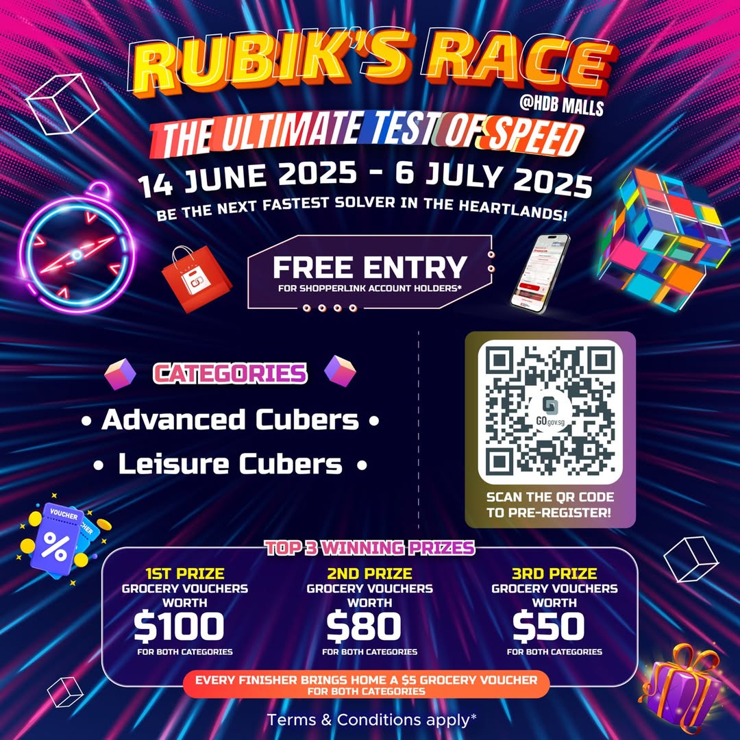 QR code for Rubik's Race registration, promoting a Rubik's Cube competition