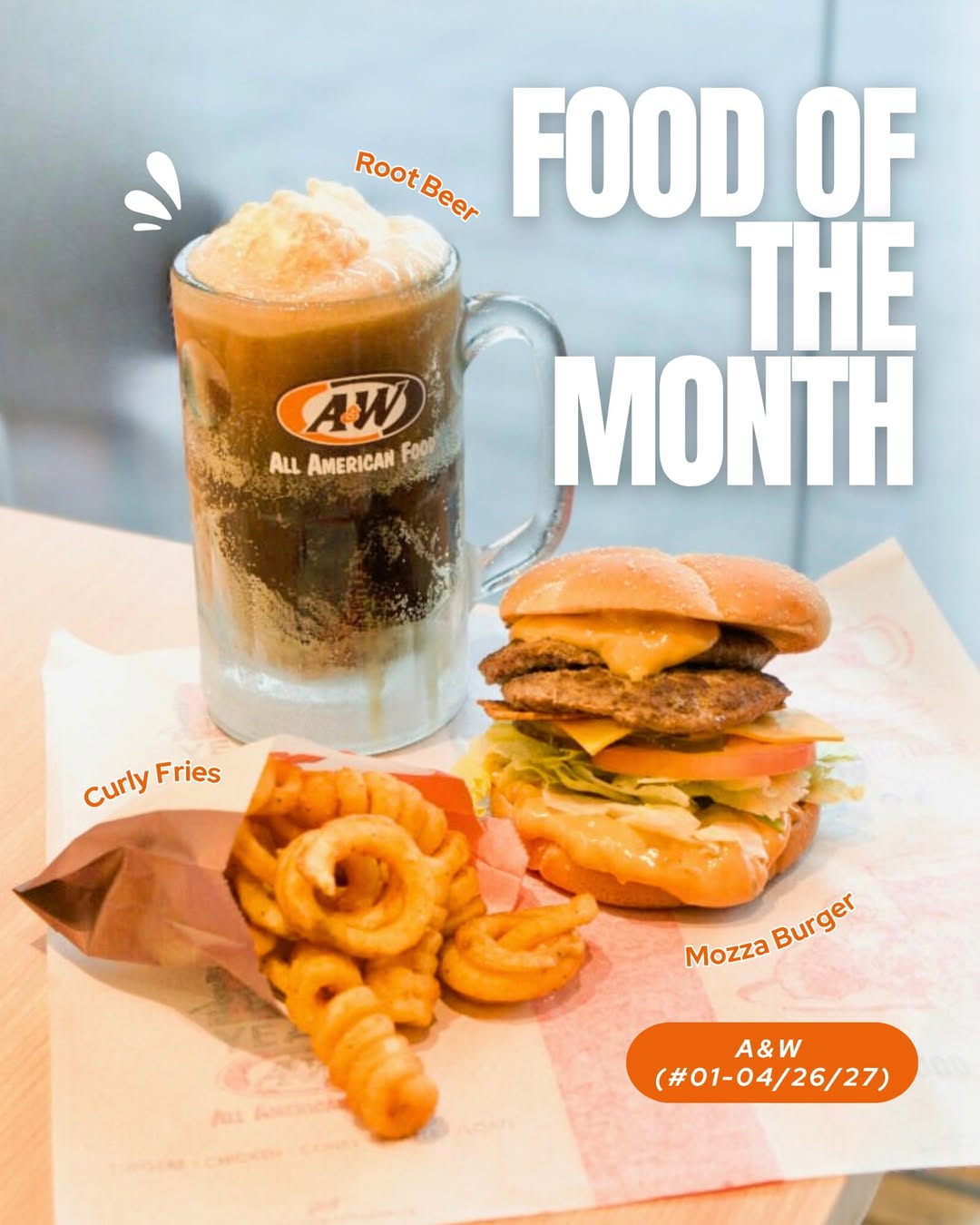 A&W Mozza Burger Meal featuring a double patty burger, crispy curly fries, and a refreshing root beer.