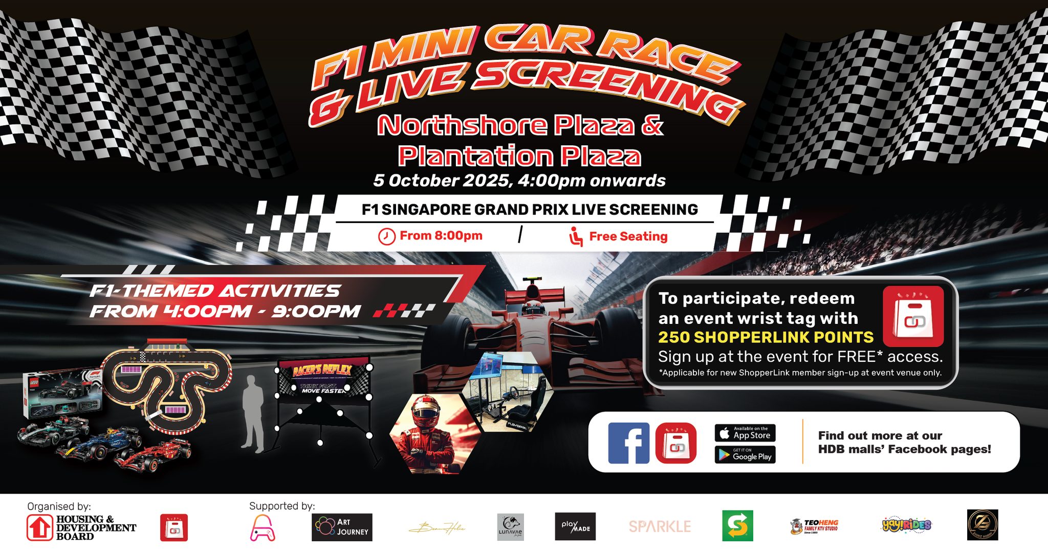 A vibrant scene from an F1-themed event at a plaza featuring a mini grand prix race and excited attendees.