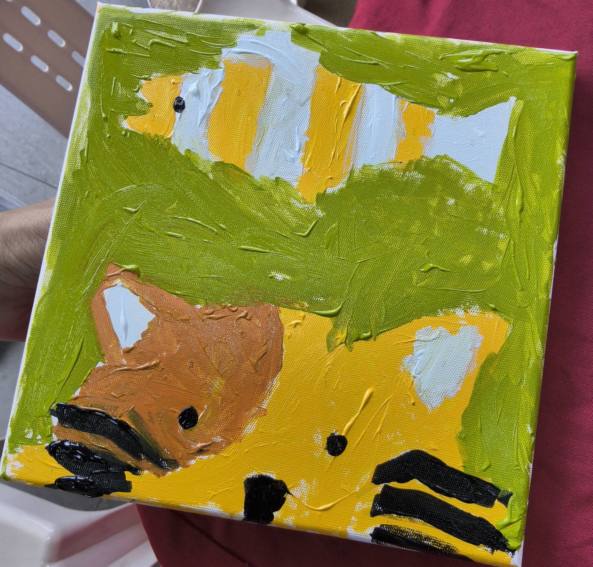 Abstract fox painting in green, yellow, white and black created at Canberra Plaza event