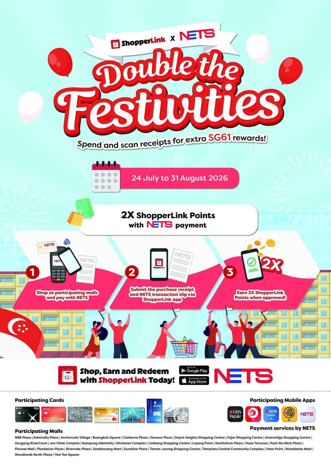 Earn 2X ShopperLink Points with NETS at Canberra Plaza, 24 Jul to 31 Aug 2026