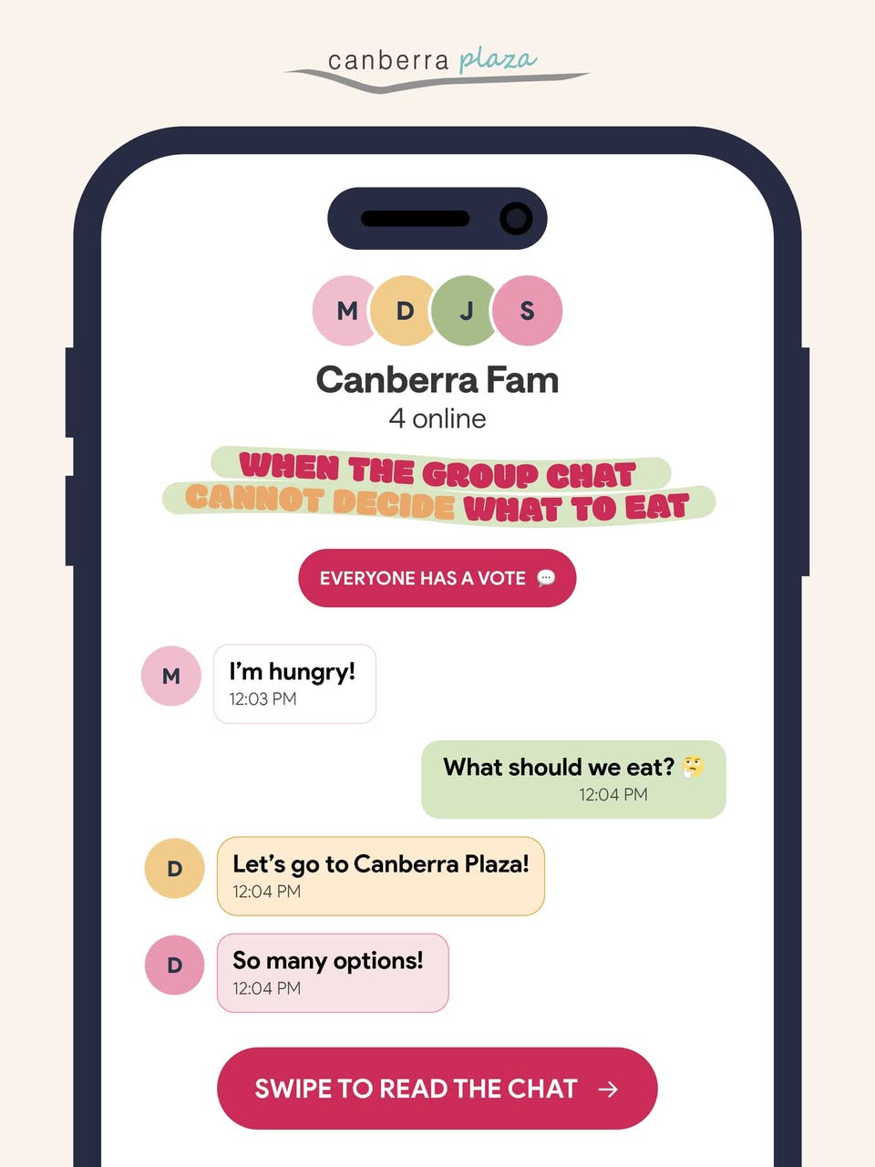Canberra Plaza group chat food debate