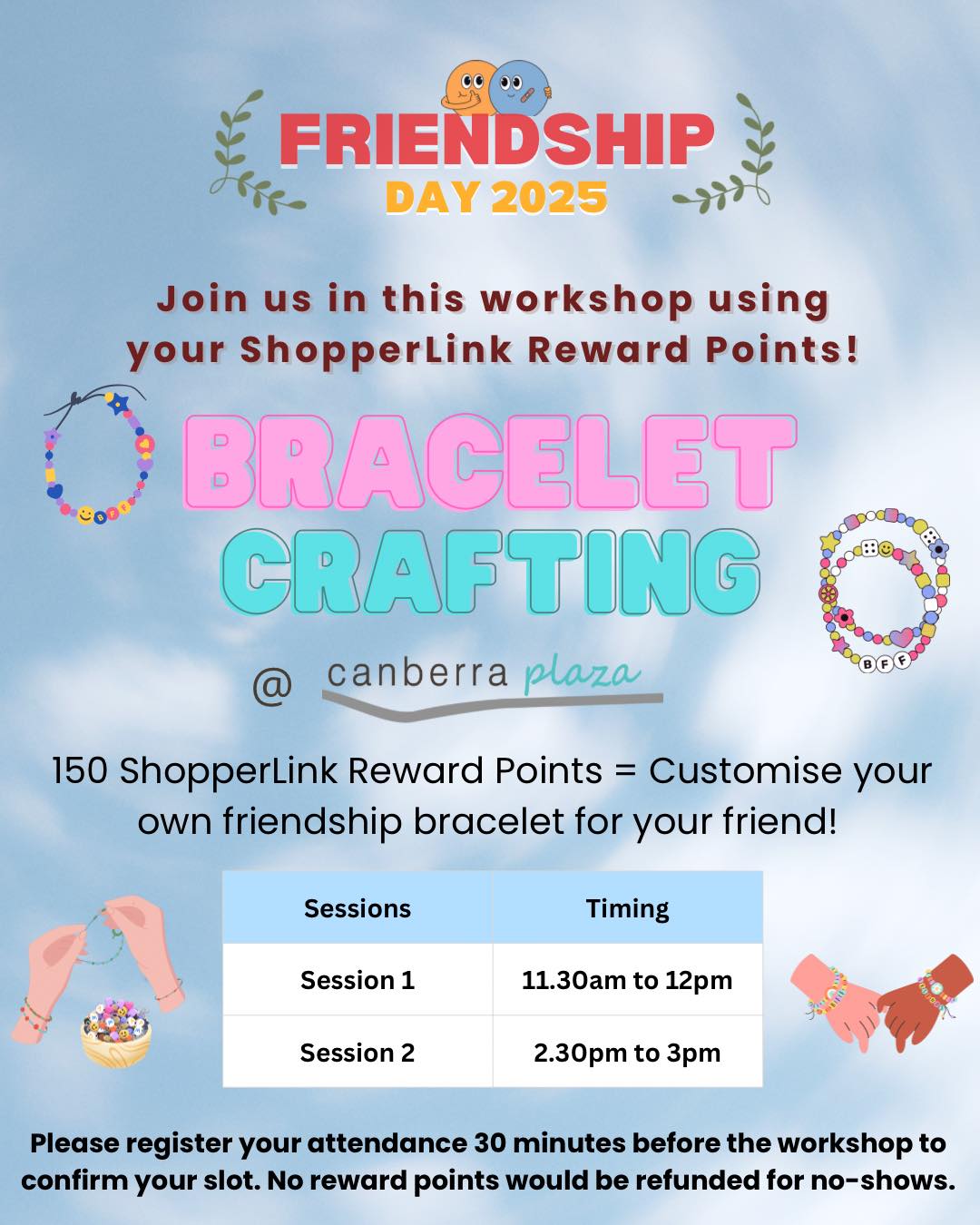 Two friends smiling and crafting colorful friendship bracelets together at a workshop table.