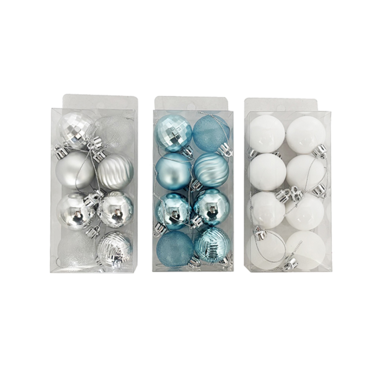 Daiso Christmas ornament sets in silver, blue and white, 8cm packs