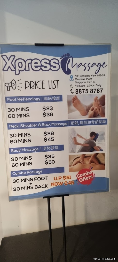 Xpress Massage @ Canberra Plaza - Menu