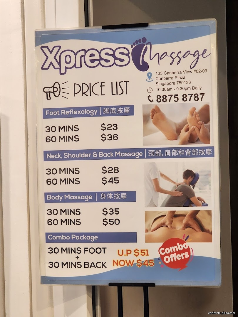 Xpress Massage @ Canberra Plaza - Menu