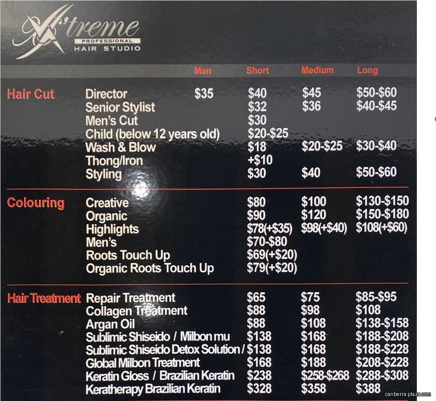Xtreme Professional Hair Studio - Canberra - Menu
