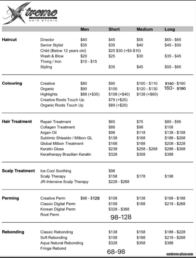 Xtreme Professional Hair Studio - Canberra - Menu